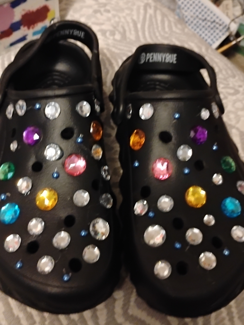 Black Womens Clog Shoes with Multicolor Gem Accents - Picture 1 of 1